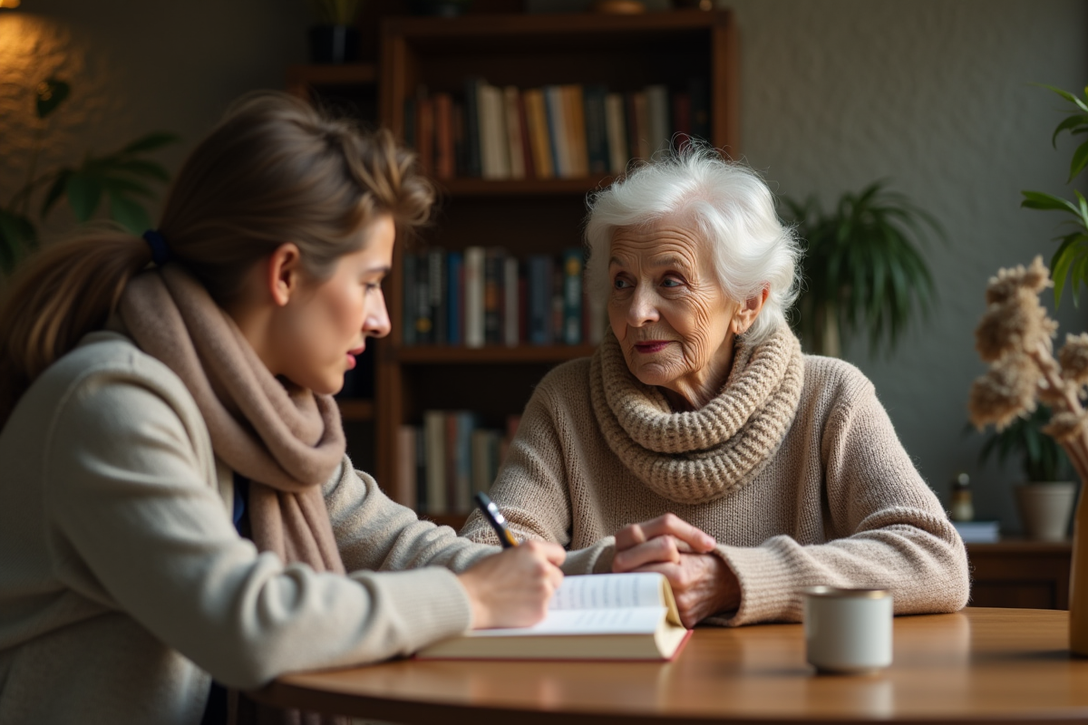 Femme âgée écoutant une lecture dans un intérieur chaleureux