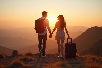 Couple heureux célébrant leur anniversaire en montagne au lever du soleil