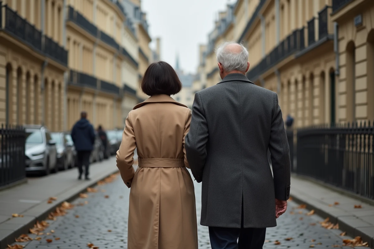 Couple discret marchant dans une rue pavée parisienne à l'automne, préservant leur vie privée loin des regards