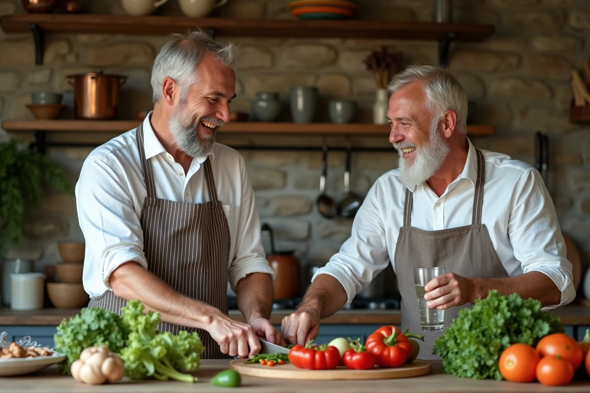 Deux hommes cuisinant ensemble dans une cuisine de campagne française, scène de vie quotidienne chaleureuse et complicité en couple