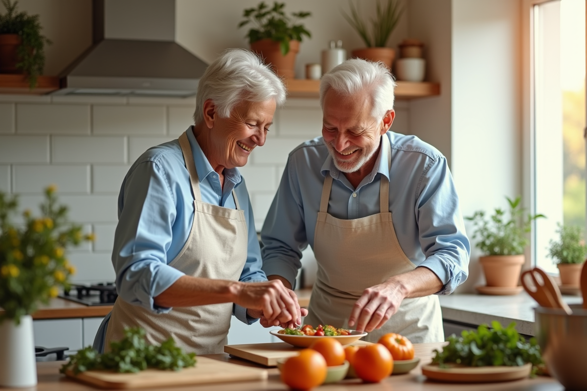 Couple agee preparent un repas dans une cuisine lumineuse