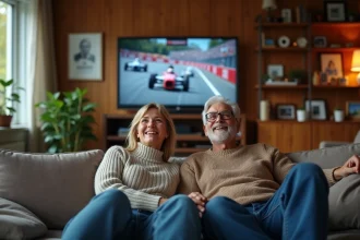 Couple dans le salon regarde une course automobile