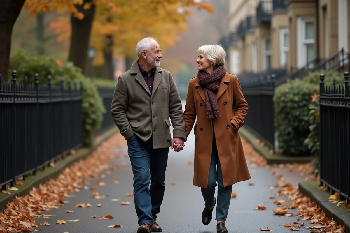 Couple se promenant dans une rue résidentielle en automne, illustrant les questions d'enquête sur la vie privée des personnalités médiatiques