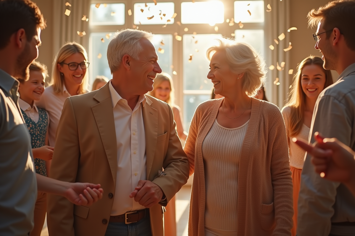 Couple dans la cinquantaine échangeant un regard joyeux avec famille