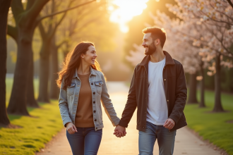 Couple souriant main dans la main dans un parc ensoleille