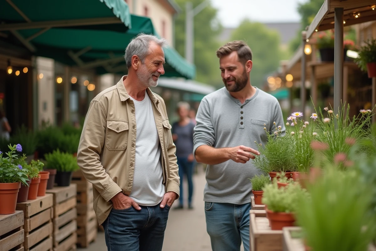 Deux hommes explorant ensemble un marché aux plantes en plein air, complicité naturelle et passion partagée pour le jardinage