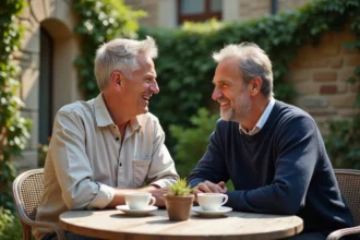 Deux hommes partageant un moment de complicité sur une terrasse de jardin à la française, atmosphère intime et quotidien paisible en couple