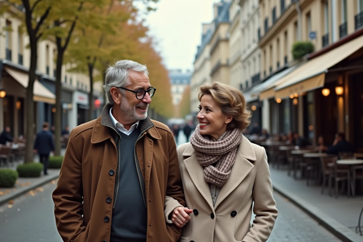 Homme et femme marchant dans une rue parisienne animée