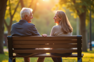 Couple senior souriant assis sur un banc dans un parc ensoleille