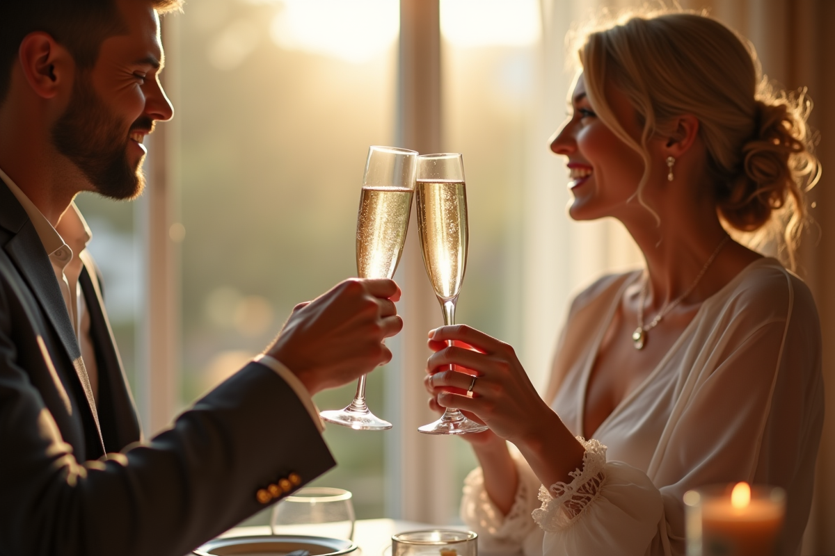 Moment intime entre couple partageant un toast au champagne