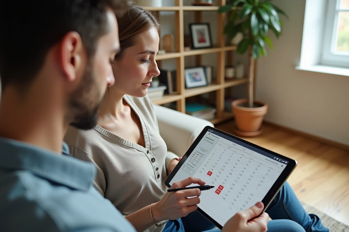 Couple vérifiant les dates des zones scolaires sur une tablette pour éviter les erreurs de réservation de vacances
