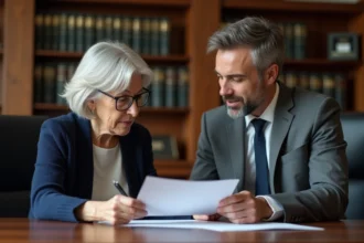 Une femme âgée et un professionnel juridique examinent ensemble un document officiel dans un bureau notarial, illustrant la mise en place d'une mesure de protection juridique comme la curatelle ou la tutelle.