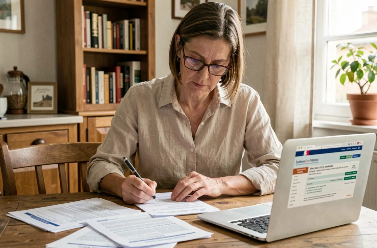 Mère de famille consultant les documents fiscaux et factures de cantine scolaire pour la déclaration d'impôts, frais de demi-pension et internat déductibles