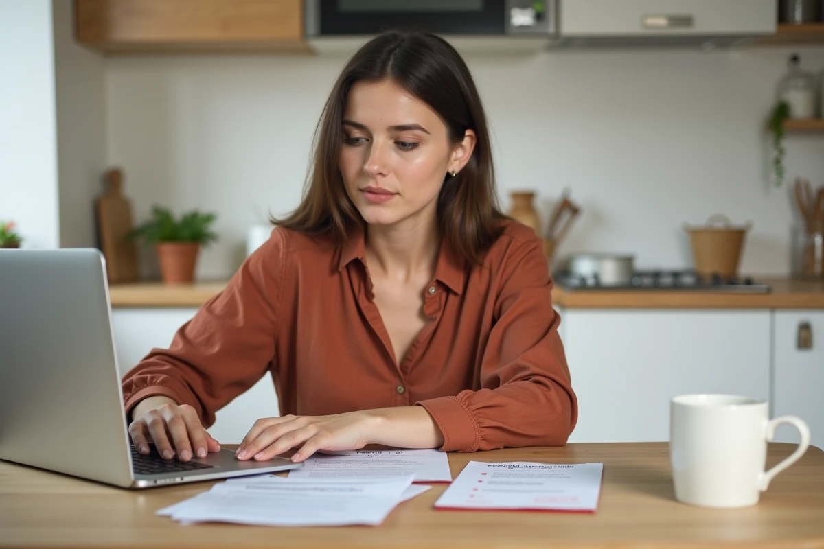 Jeune femme préparant sa demande d'acte de naissance en ligne avec ses justificatifs d'identité