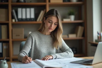 Femme consultant des documents administratifs pour une demande d'acte de naissance à Nantes