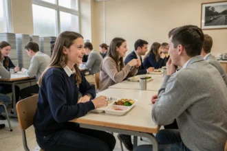 Adolescente demi-pensionnaire déjeunant à la cantine scolaire avec son plateau repas, illustration des frais de restauration scolaire déductibles des impôts