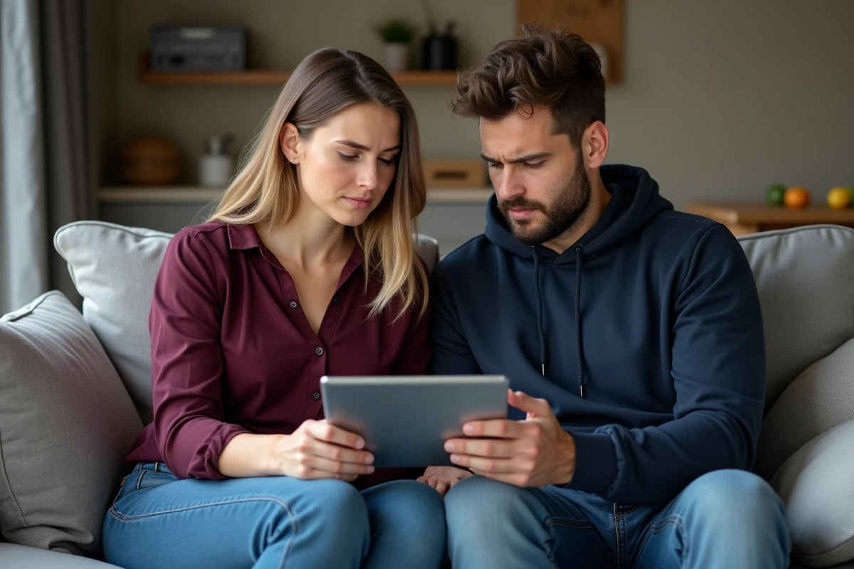 Deux amies consultant une tablette ensemble sur un canapé, cherchant des informations avec attention et prudence