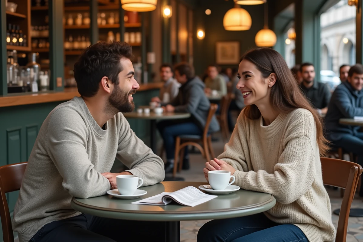Deux jeunes adultes français discutant autour d'un café dans une brasserie parisienne traditionnelle
