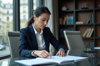 Économiste française professionnelle examinant des documents dans un bureau moderne à Paris, portrait éditorial
