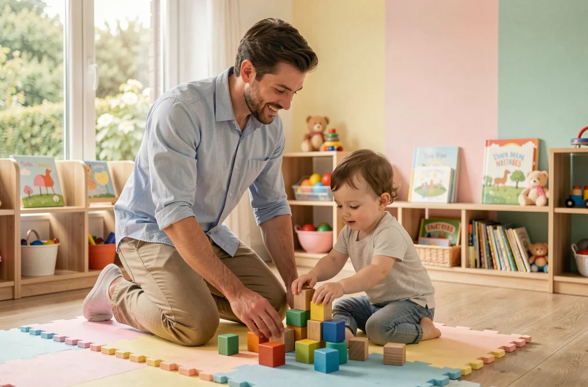 Éducateur en crèche municipale de Meudon accompagnant un enfant en bas âge dans ses jeux