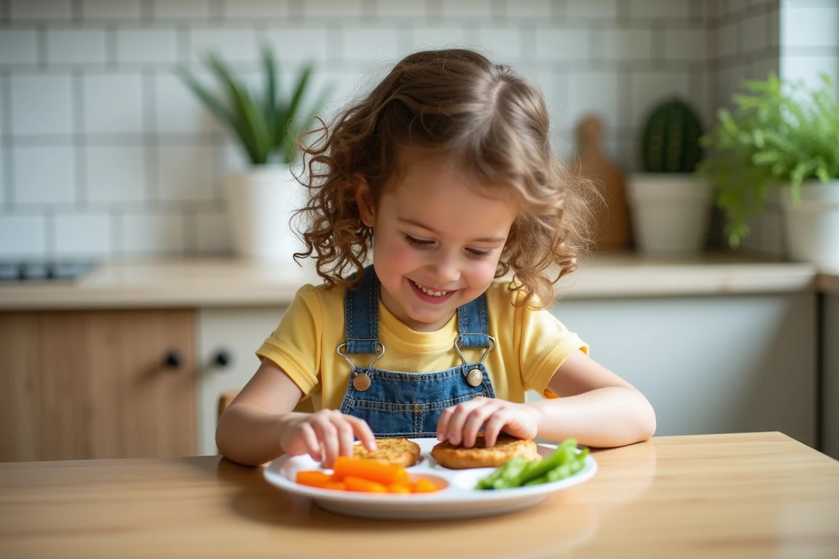 Jeune fille en cuisine avec légumes colorés et sandwich