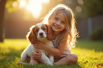 Jeune fille heureuse avec un chiot cocker dans un jardin ensoleille