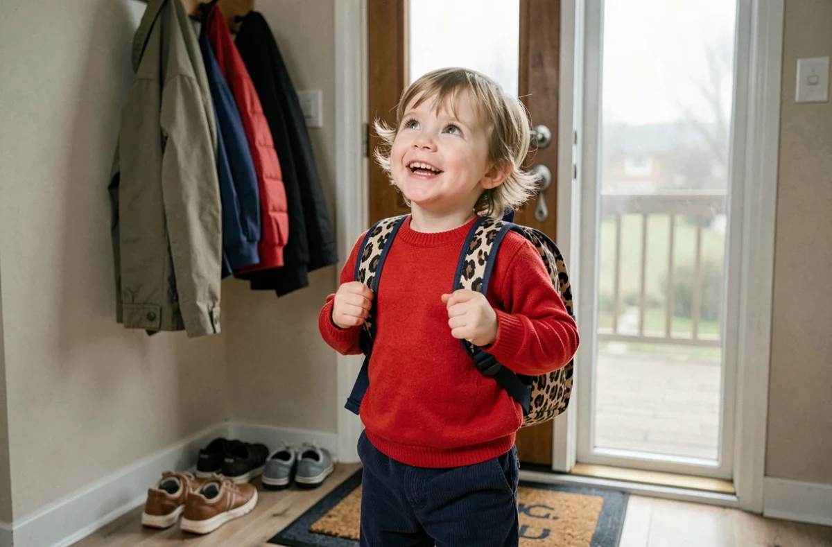 Enfant de maternelle portant son sac à dos coloré devant la porte d'entrée prêt pour l'école