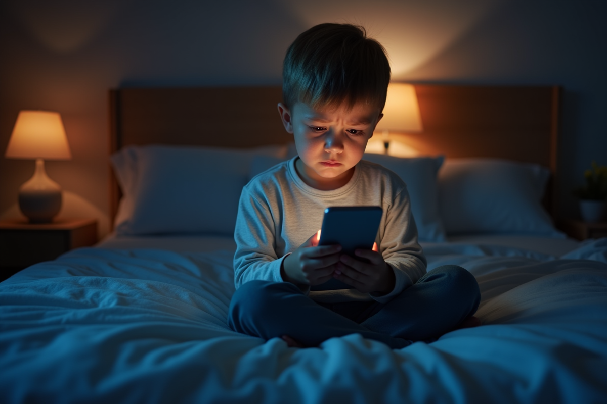 Jeune enfant sur son lit la nuit avec smartphone