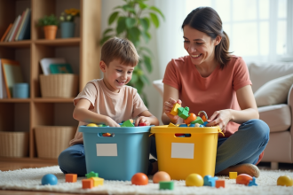 Garçon de 8 ans et mère organisant des jouets dans le salon