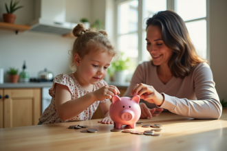 Enfant et parent apprenant à économiser avec une tirelire