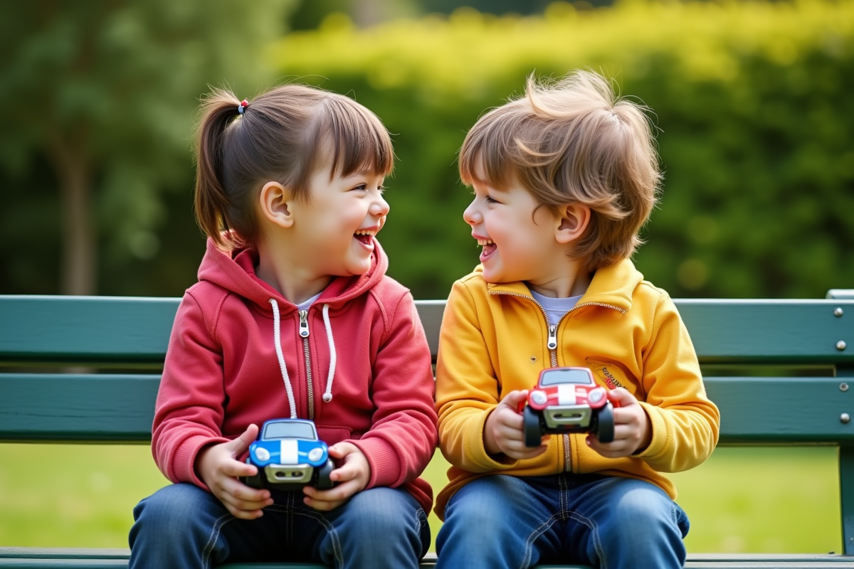 Deux enfants partageant un rire avec des voitures sur un banc de playground