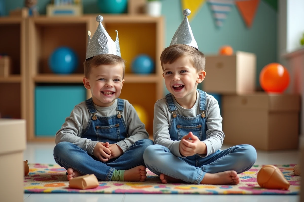 Deux garçons de 8 ans qui rient aux éclats entourés de cadeaux d'anniversaire dans une salle de jeux