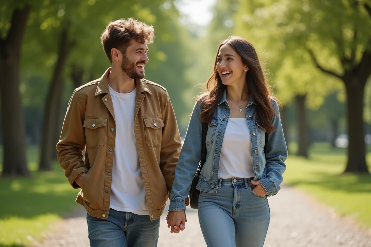 Deux jeunes adultes se promenant et riant ensemble dans un parc urbain, illustration d'une relation fraternelle complice