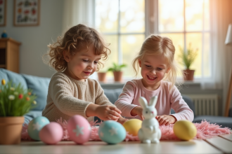 Deux enfants décorant la maison pour Pâques avec des œufs colorés