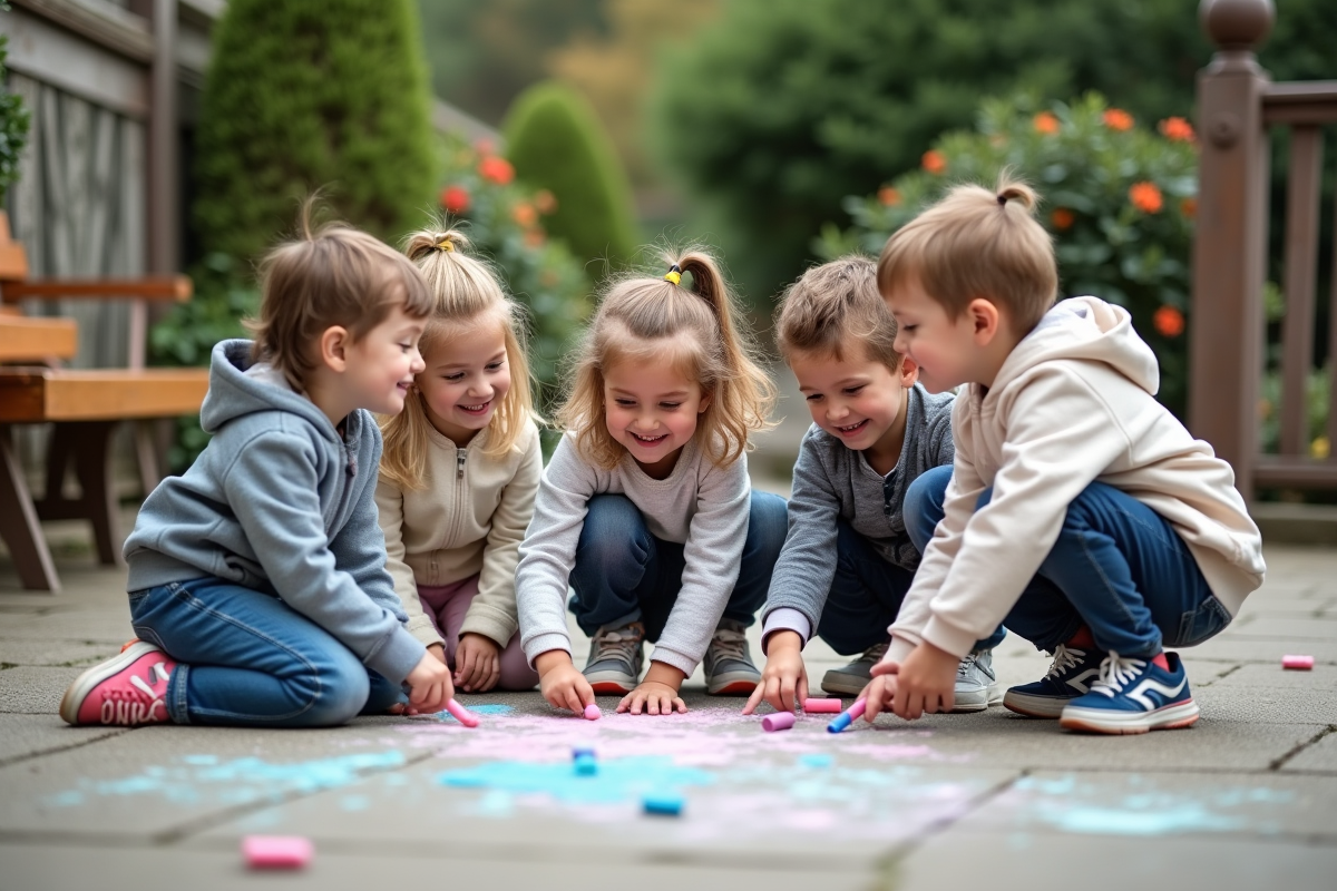 Enfants de 4 à 5 ans dessinant avec de la craie dans le jardin