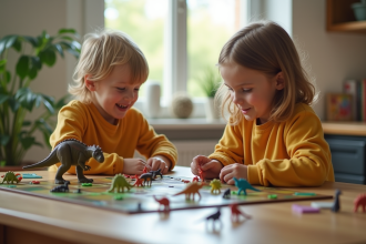 Deux enfants jouent à un jeu de société dinosaure en famille