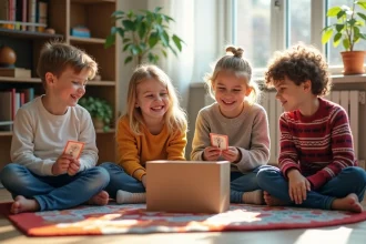 Groupe d'enfants souriants jouant avec des cartes défi dans un salon chaleureux
