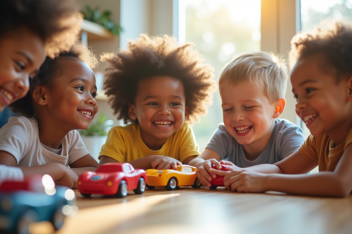Groupe d'enfants souriants jouant avec des voitures en intérieur