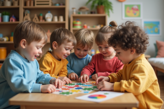 Groupe d'enfants de maternelle assemblant un puzzle ensemble
