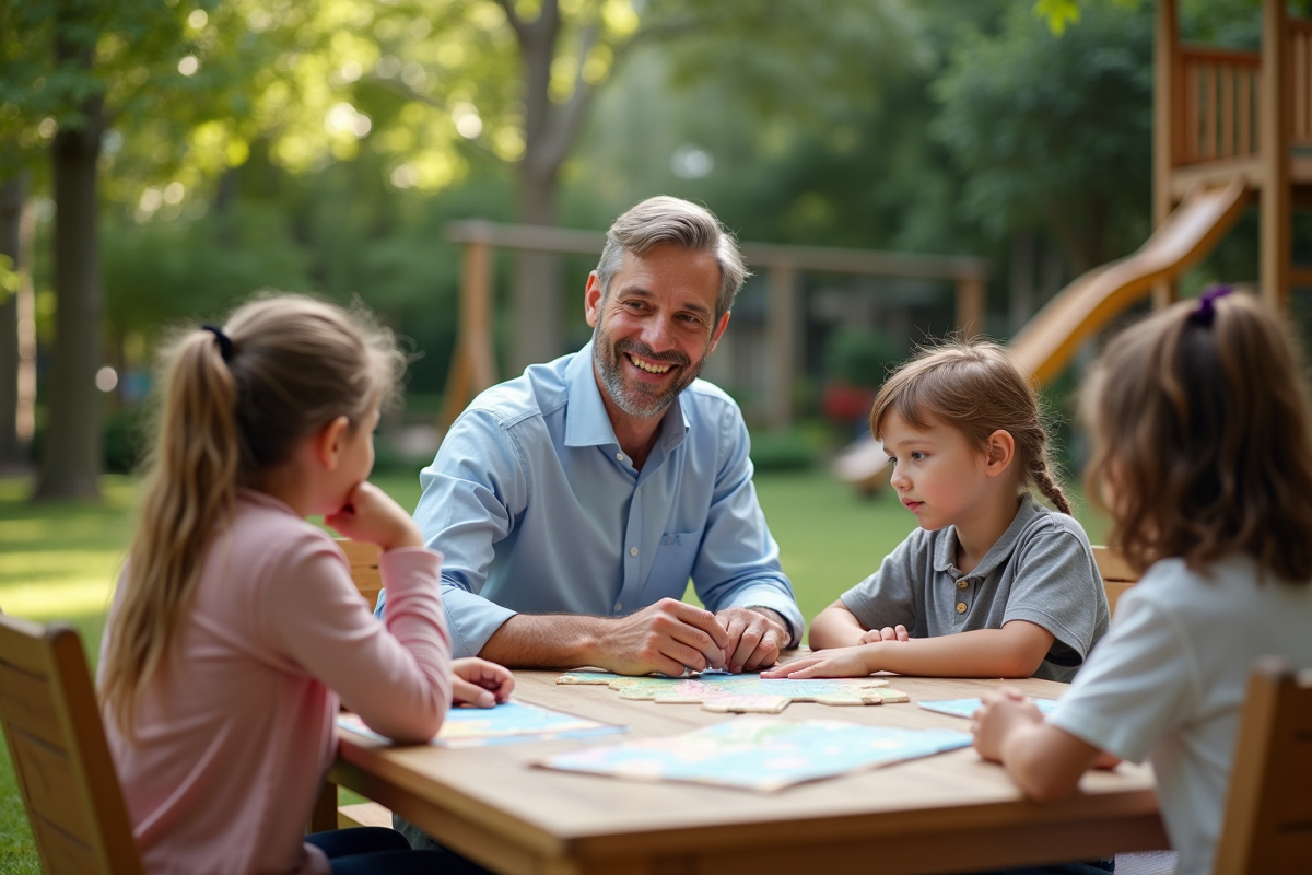 Professeur en extérieur avec enfants manipulant des cartes géographiques