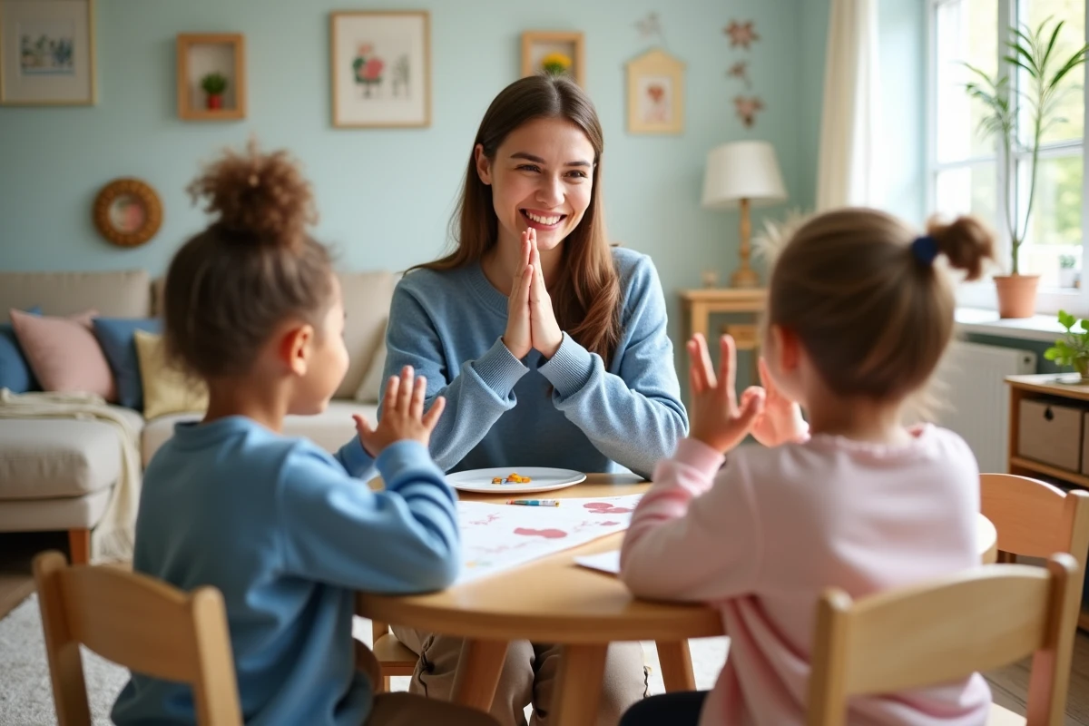 Enseignante guidant deux enfants dans une activité manuelle