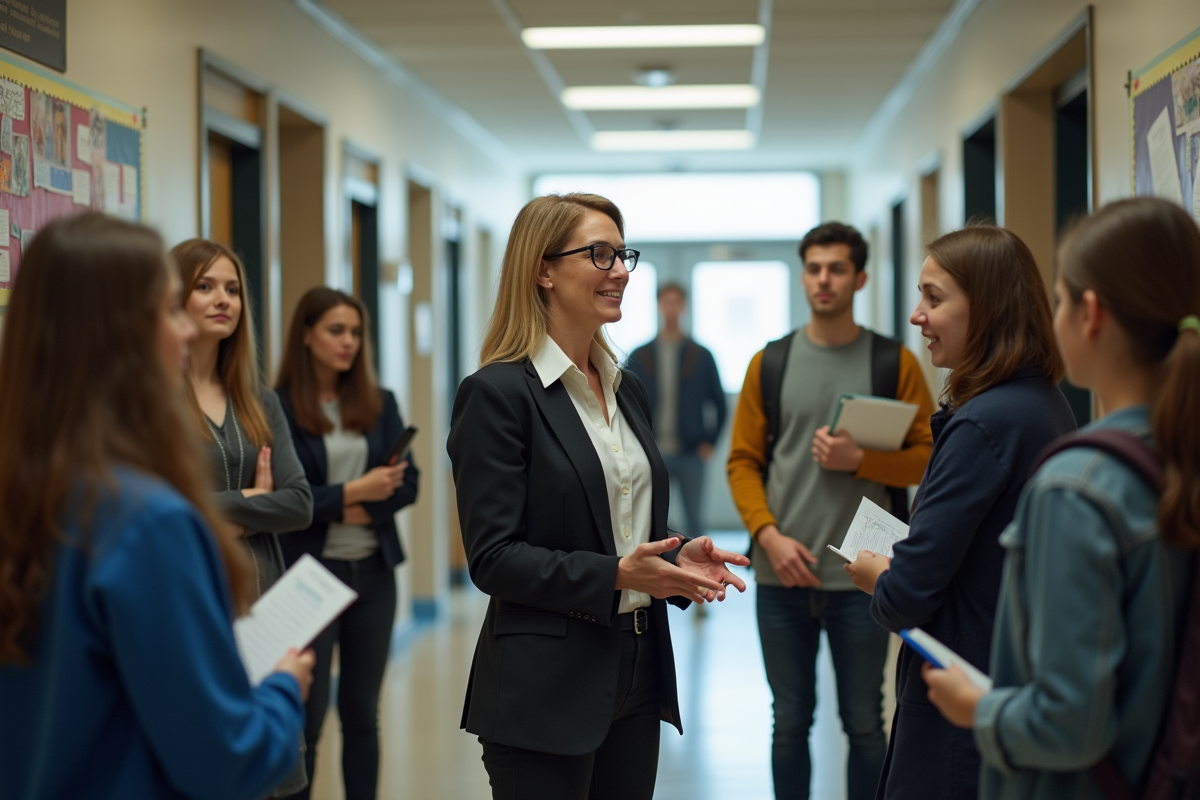 Professeure discutant avec des adolescents dans un couloir moderne