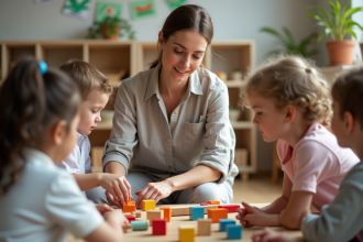 Enseignante Montessori aidant des enfants en classe chaleureuse