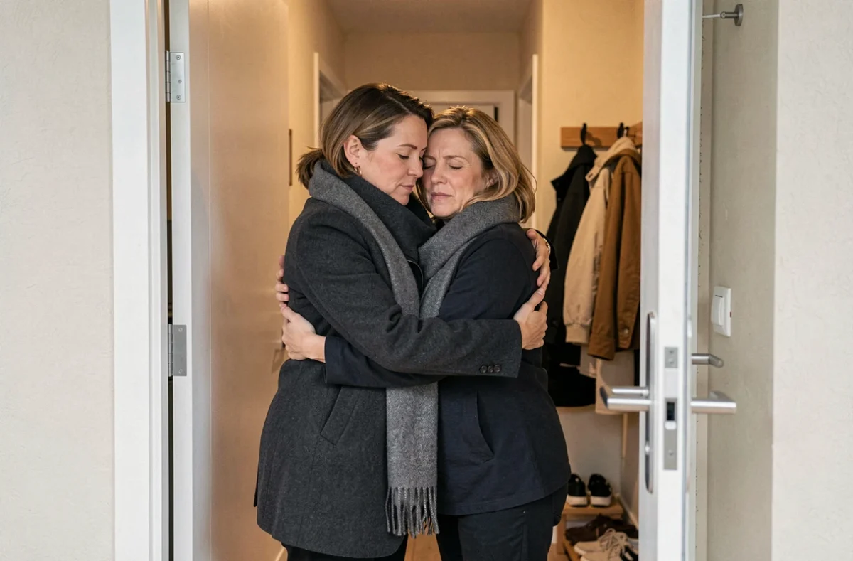 Deux amies s'étreignant dans l'embrasure d'une porte, partageant un moment de soutien sincère et de condoléances bienveillantes