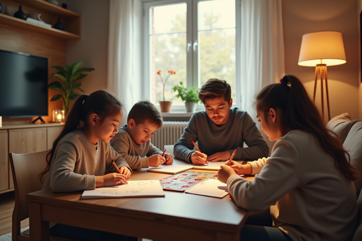 Famille dans le salon lisant dessinant jouant à un jeu de société