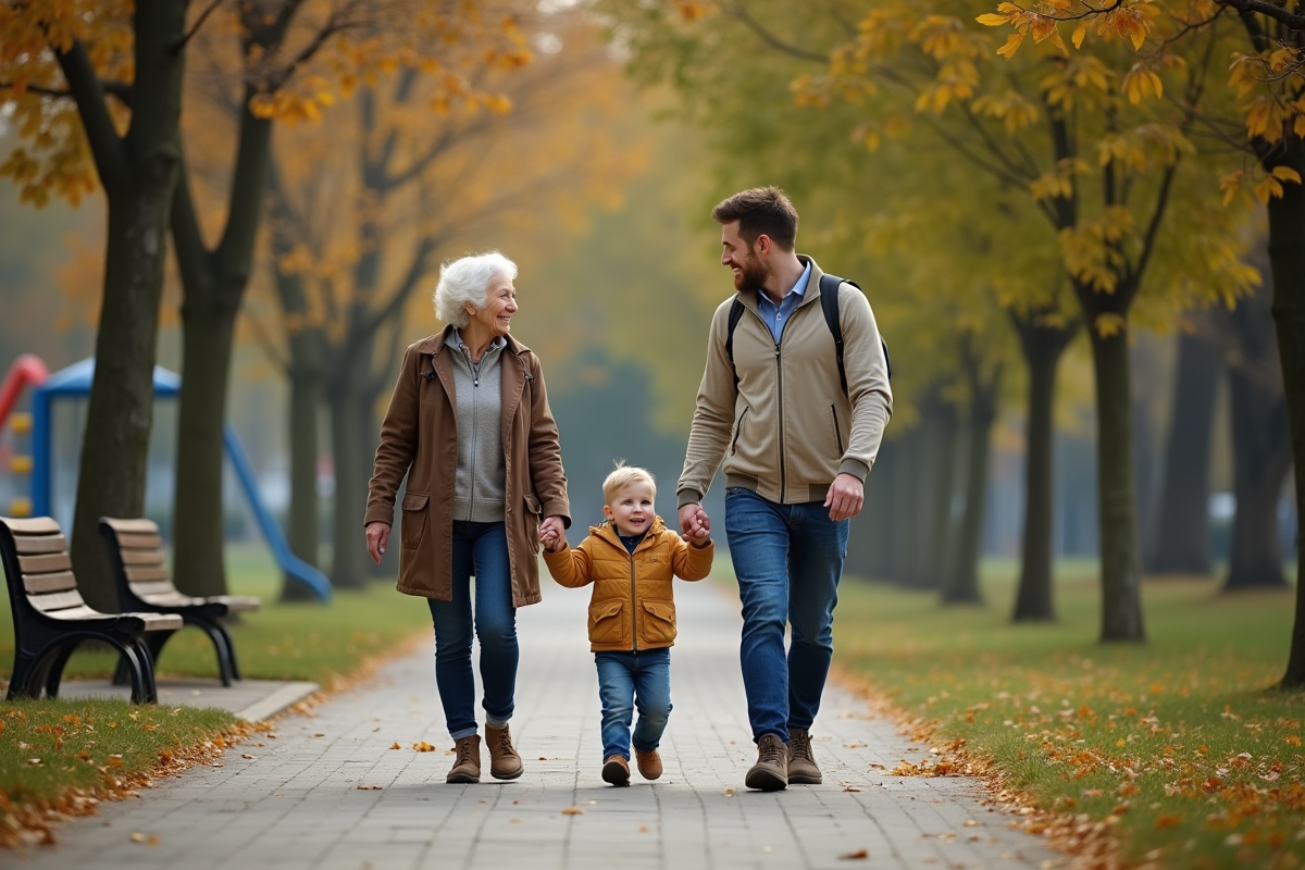 Famille marchant main dans la main dans un parc urbain