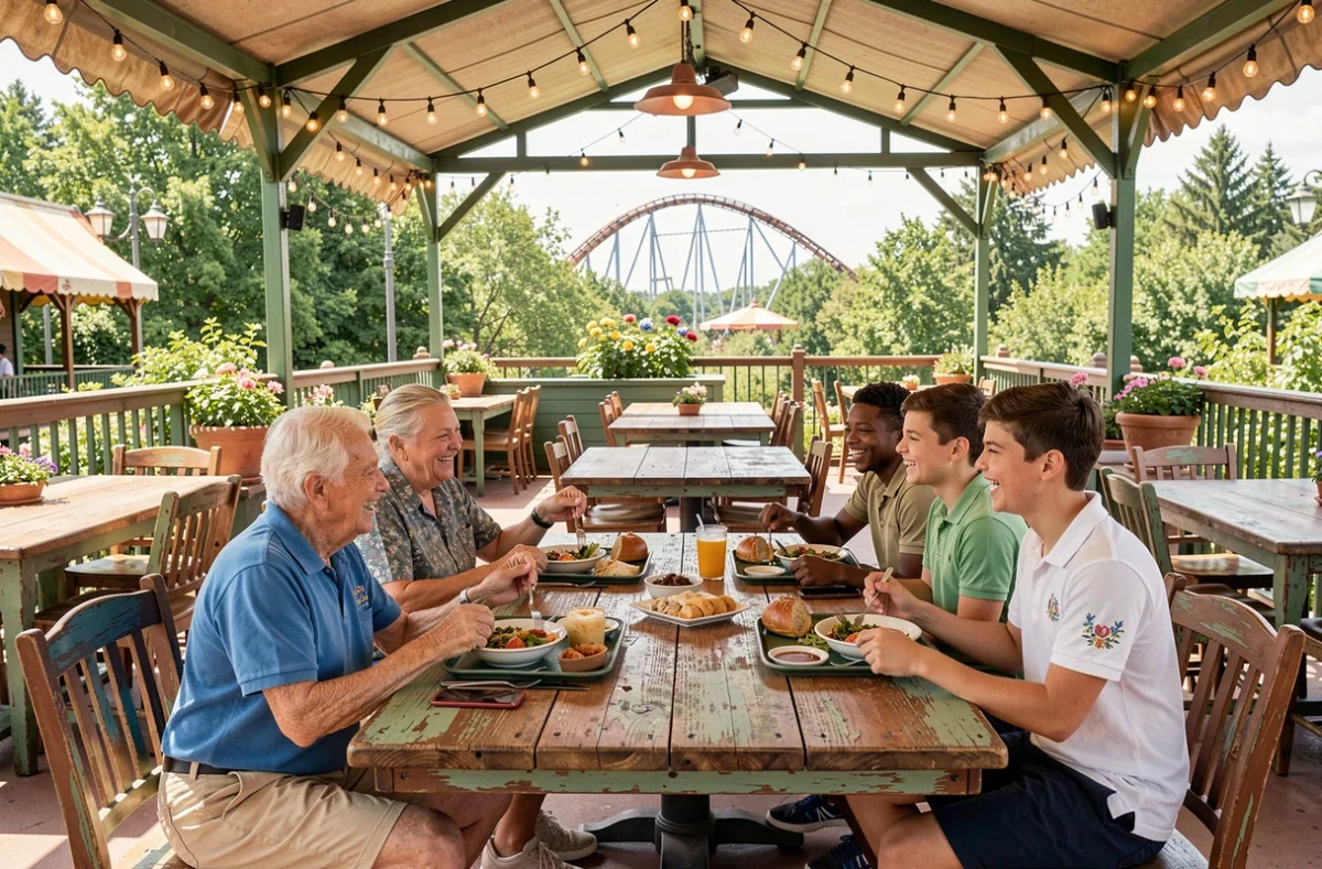 Grande famille profitant d'une pause déjeuner calme dans un restaurant de parc d'attractions pour éviter l'affluence