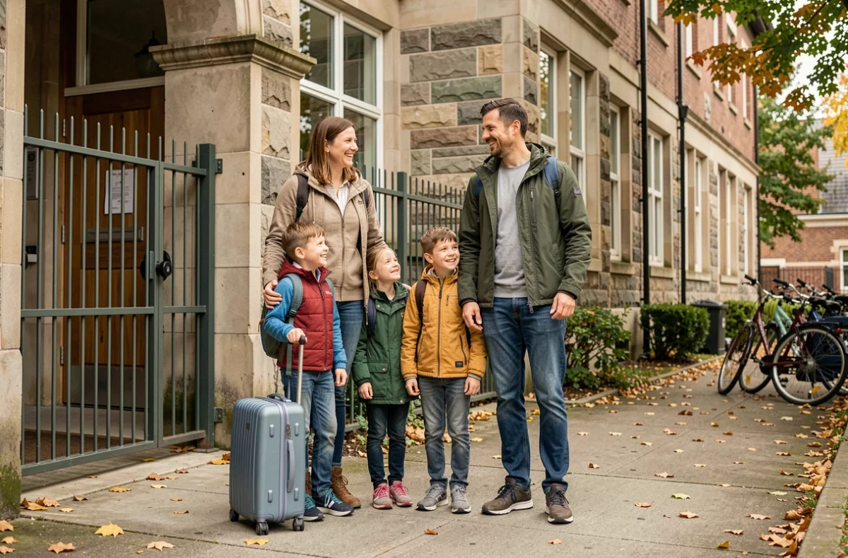 Famille avec valises devant l'entrée de l'école partant en vacances après avoir justifié une absence scolaire