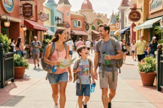 Famille heureuse entrant dans un parc d'attractions le matin pour éviter les files d'attente