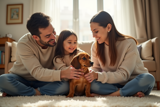 Famille heureuse avec un chiot dachshund dans le salon